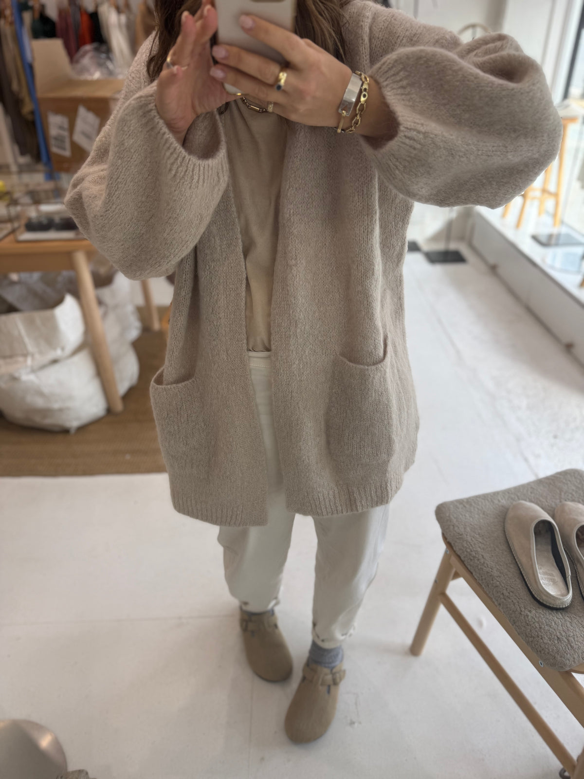 Nais Paris mid-length Mohair and Wool Cardigan- Beige