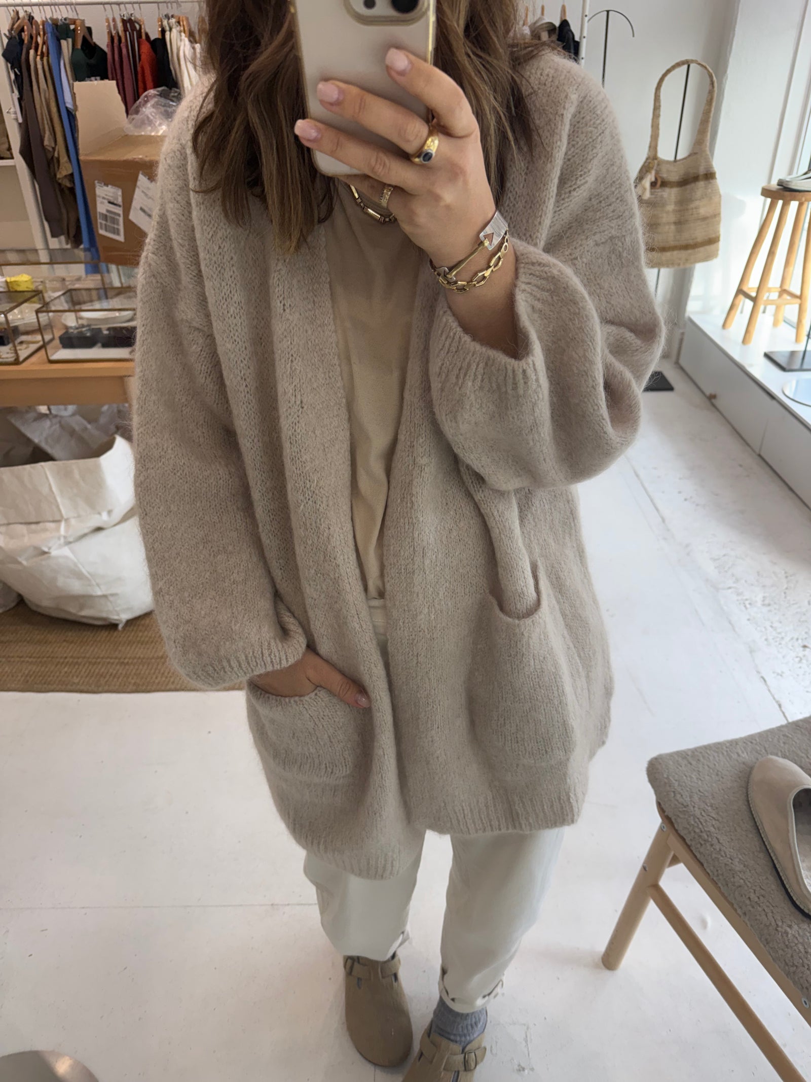 Nais Paris mid-length Mohair and Wool Cardigan- Beige