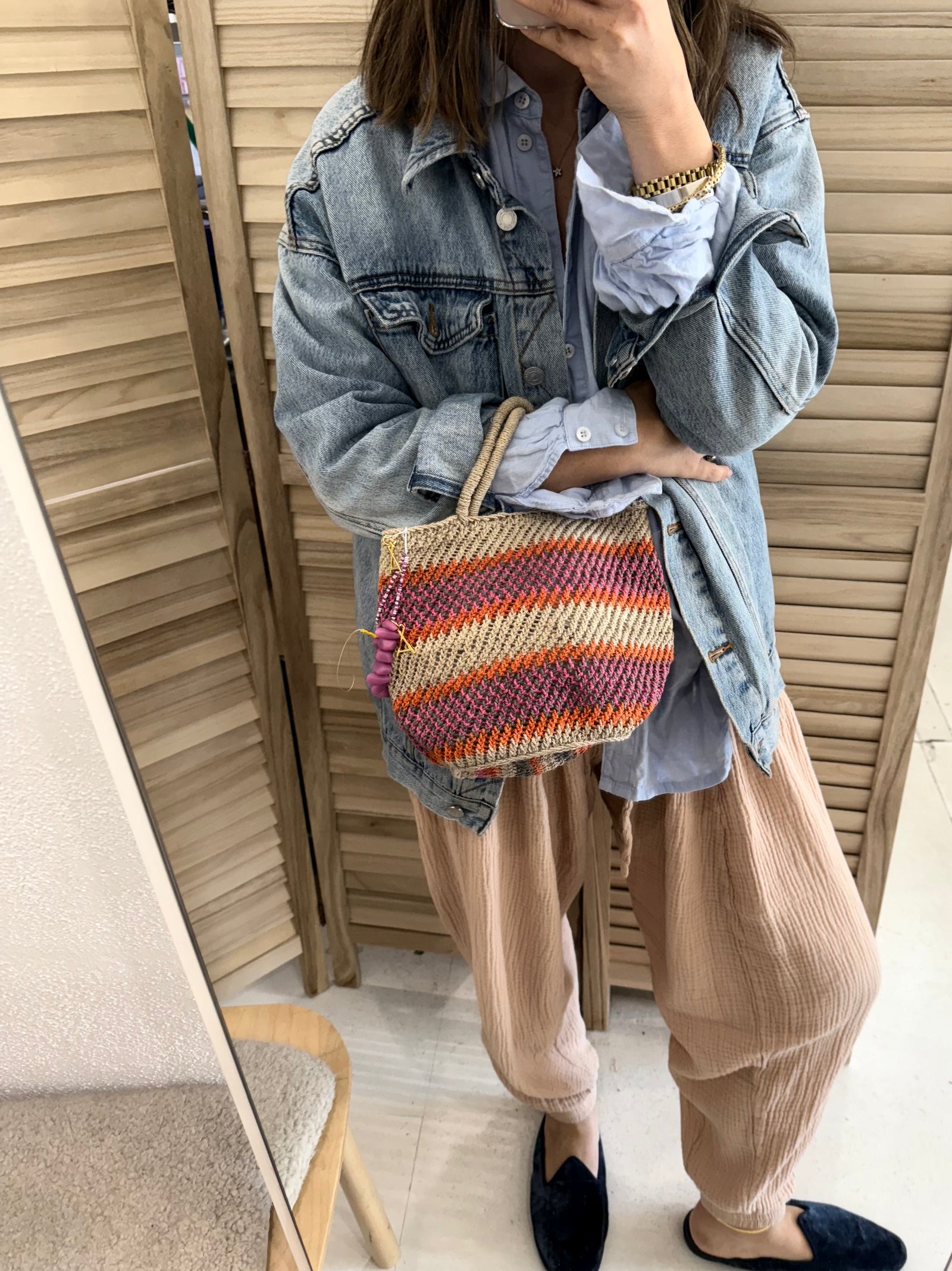 Among Equals Peach and lilac stripe mini shopper