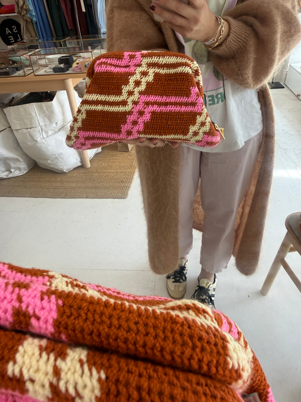 Among Equals Pink, Tobacco and cream Bilum clutch