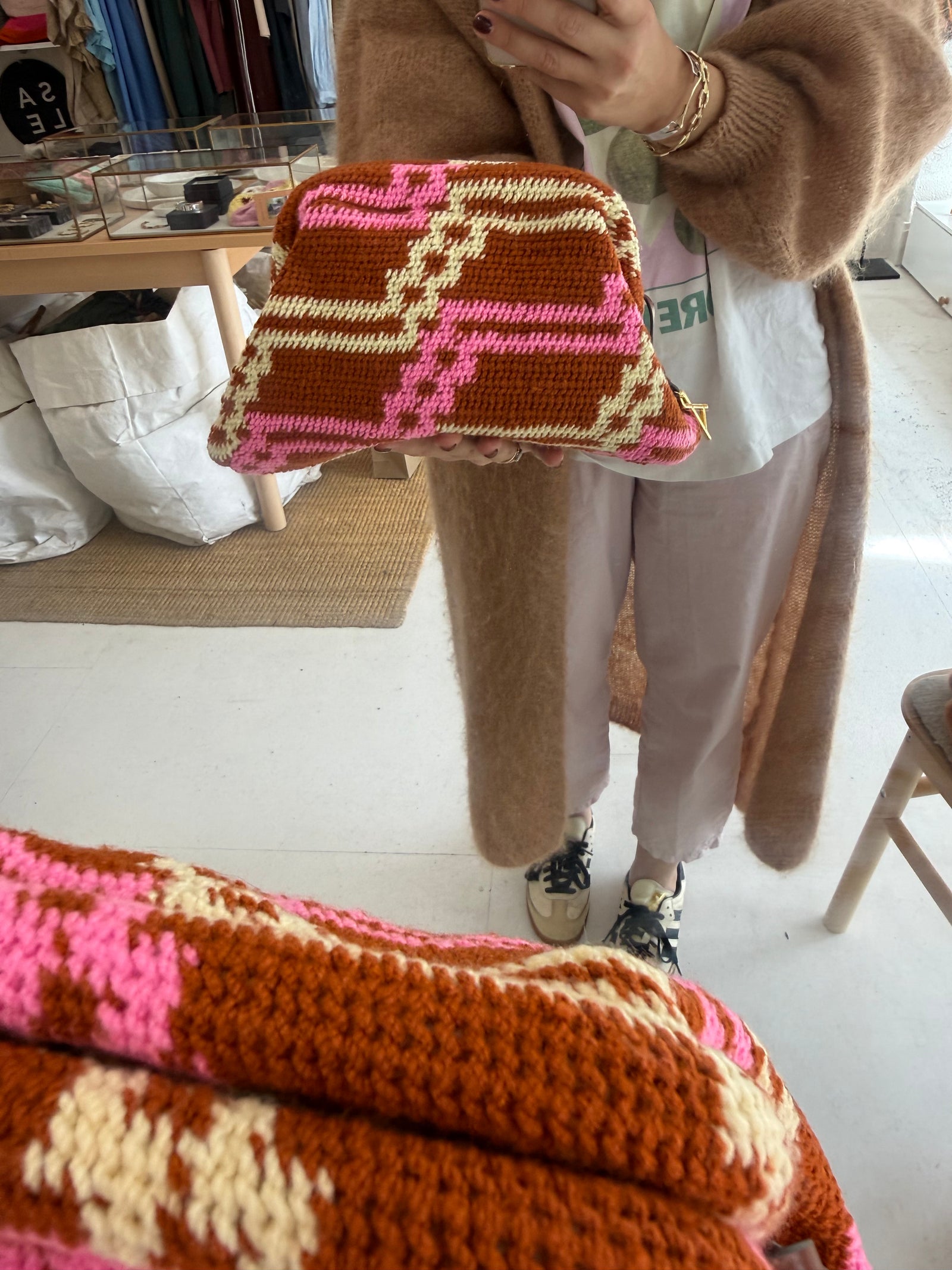 Among Equals Pink, Tobacco and cream Bilum clutch