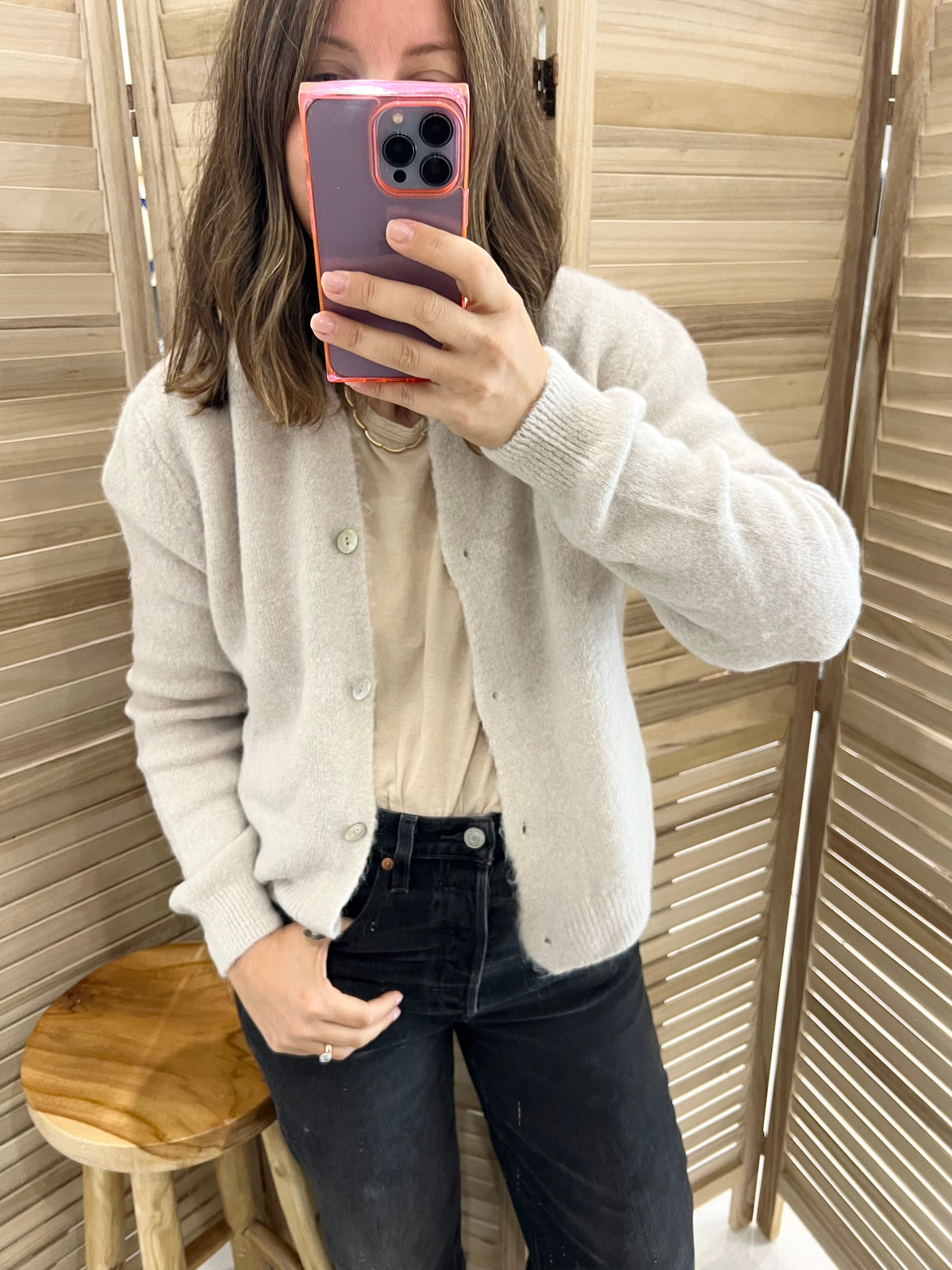 Nais Paris Super Fine Alpaca Button Crew Neck Cardigan