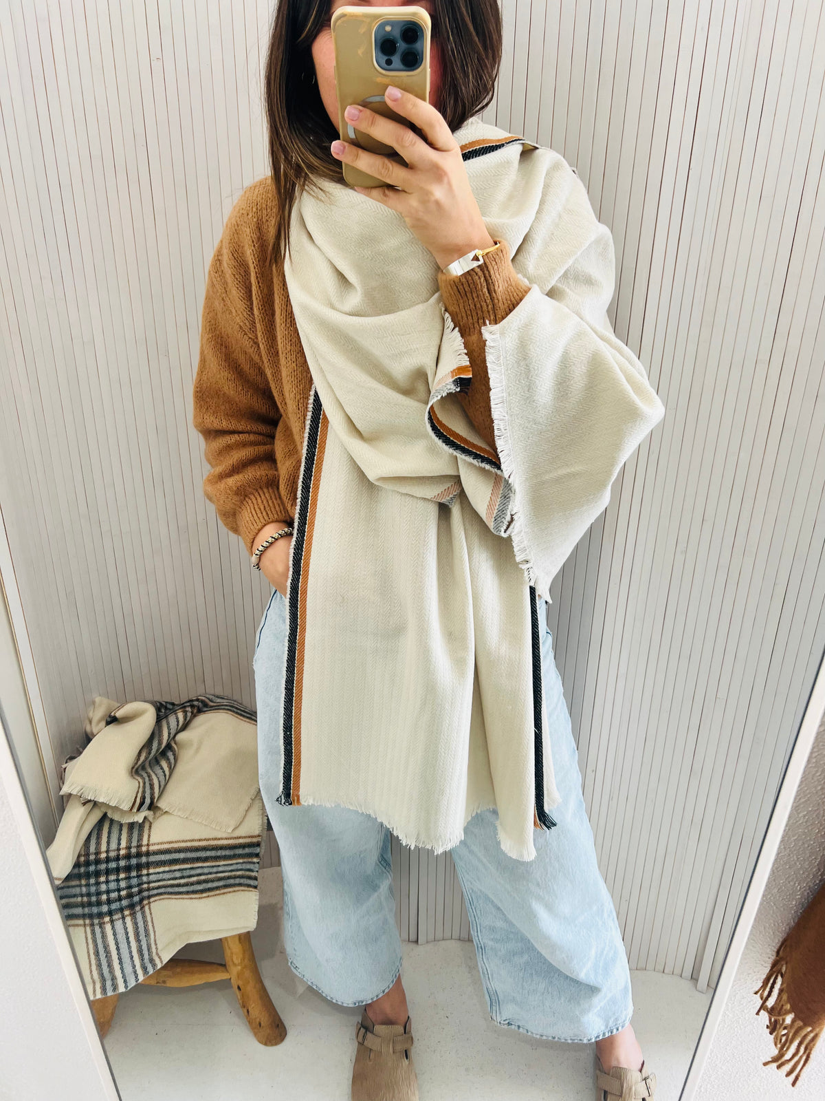 Mamapapa Ecru Camel Black Stripe Scarf