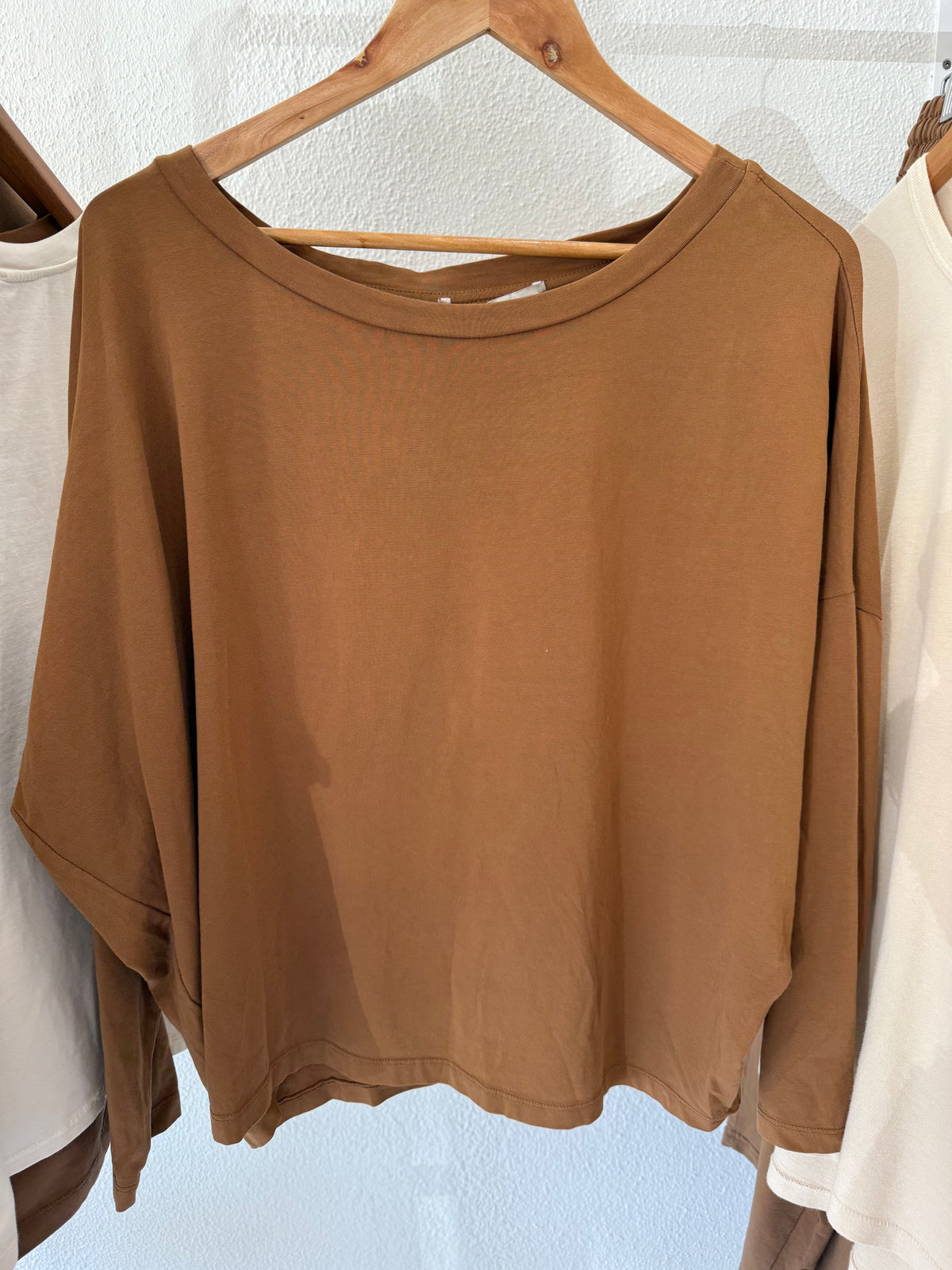 The Darling wide round neck Long Sleeve Cotton Tee - Caramel