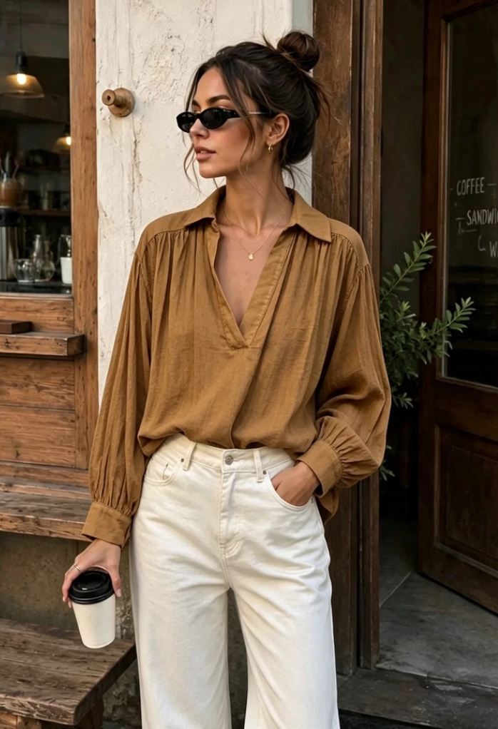 Fleur pure cotton V Neck Collared Blouse- Brown