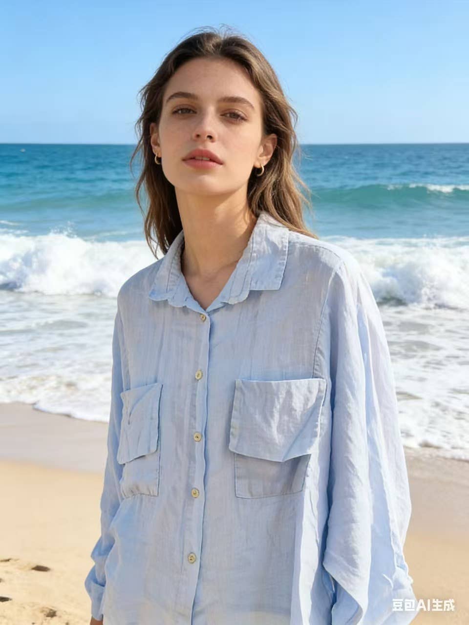 The Linen pocket blouse- Sky Blue and Camel